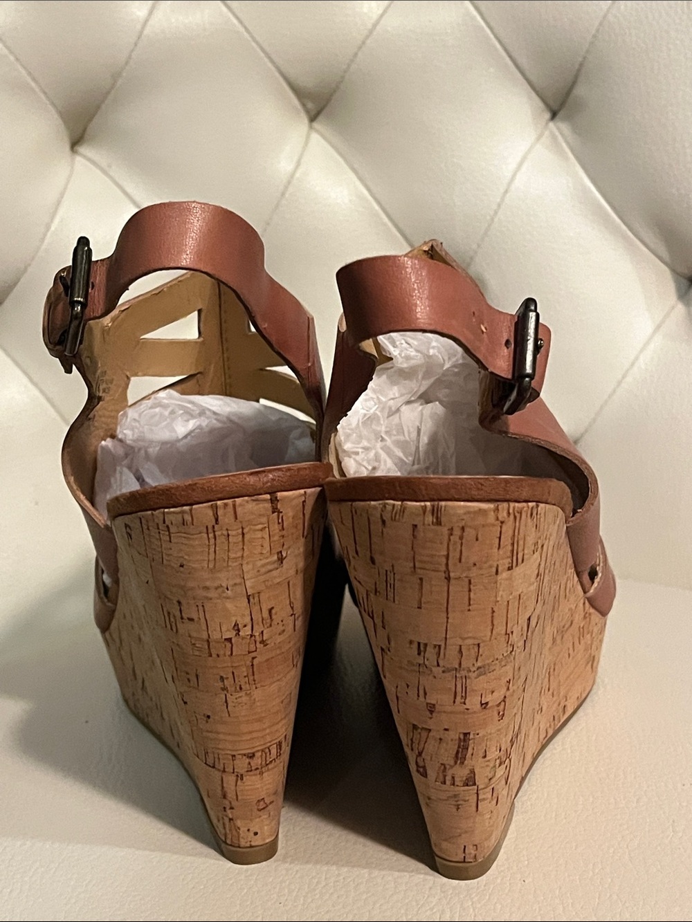 Nine West Brown Leather Cutout Cork Wedge Sandals Size 8 Beautiful - Picture 4 of 9